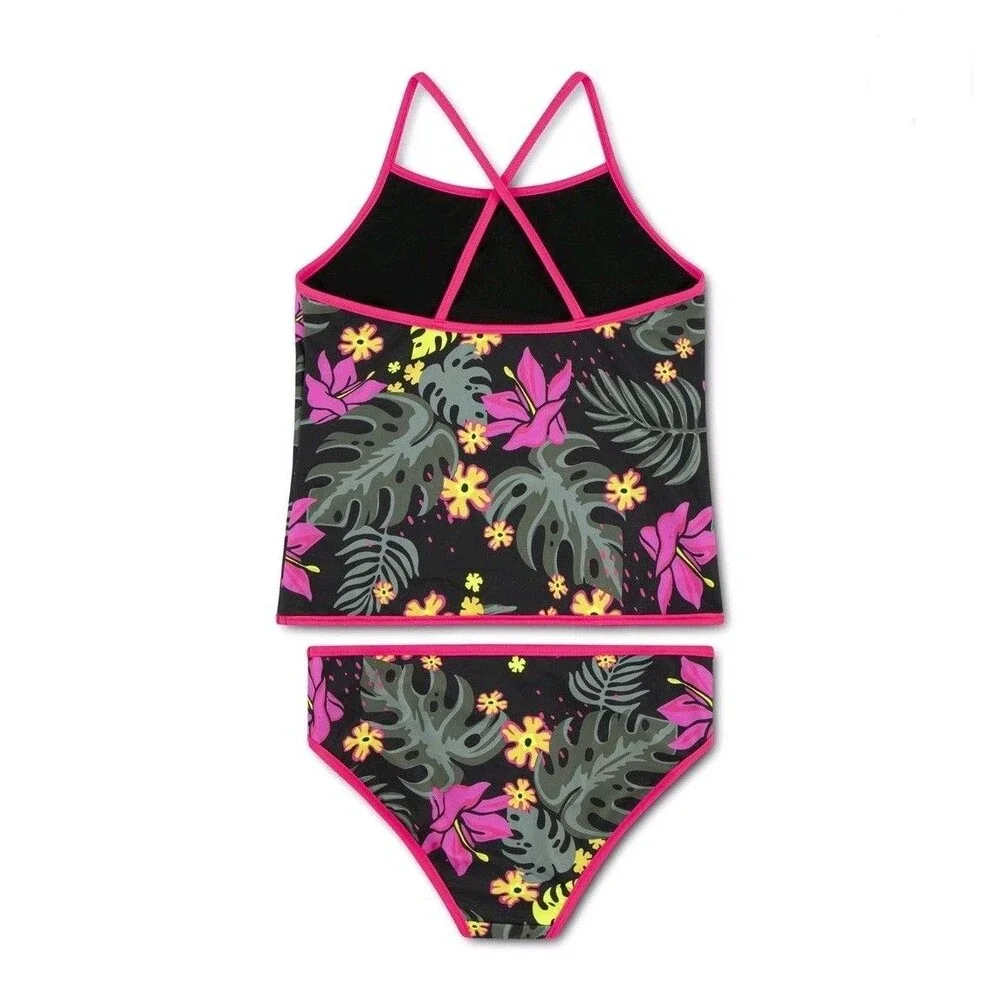 Hurley Girls XL 18/20 Tankini Swimsuit 2 Piece Tropical Floral Black Pink NWT
